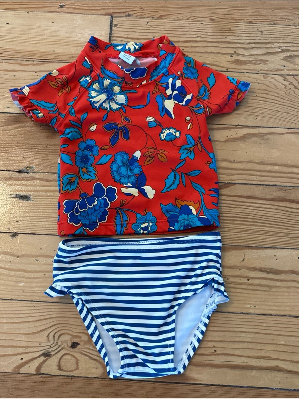 Janie & Jack Red 2 Piece Swimsuit Girls 6-12 Months Striped Blue Floral Swim Set